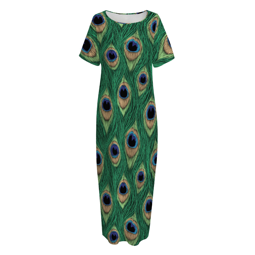 Peacock Tail Pattern Print Short Sleeve Long Nightdress