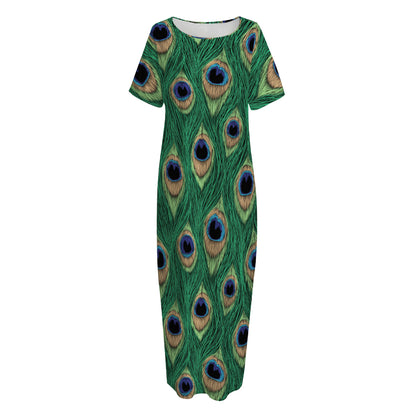 Peacock Tail Pattern Print Short Sleeve Long Nightdress