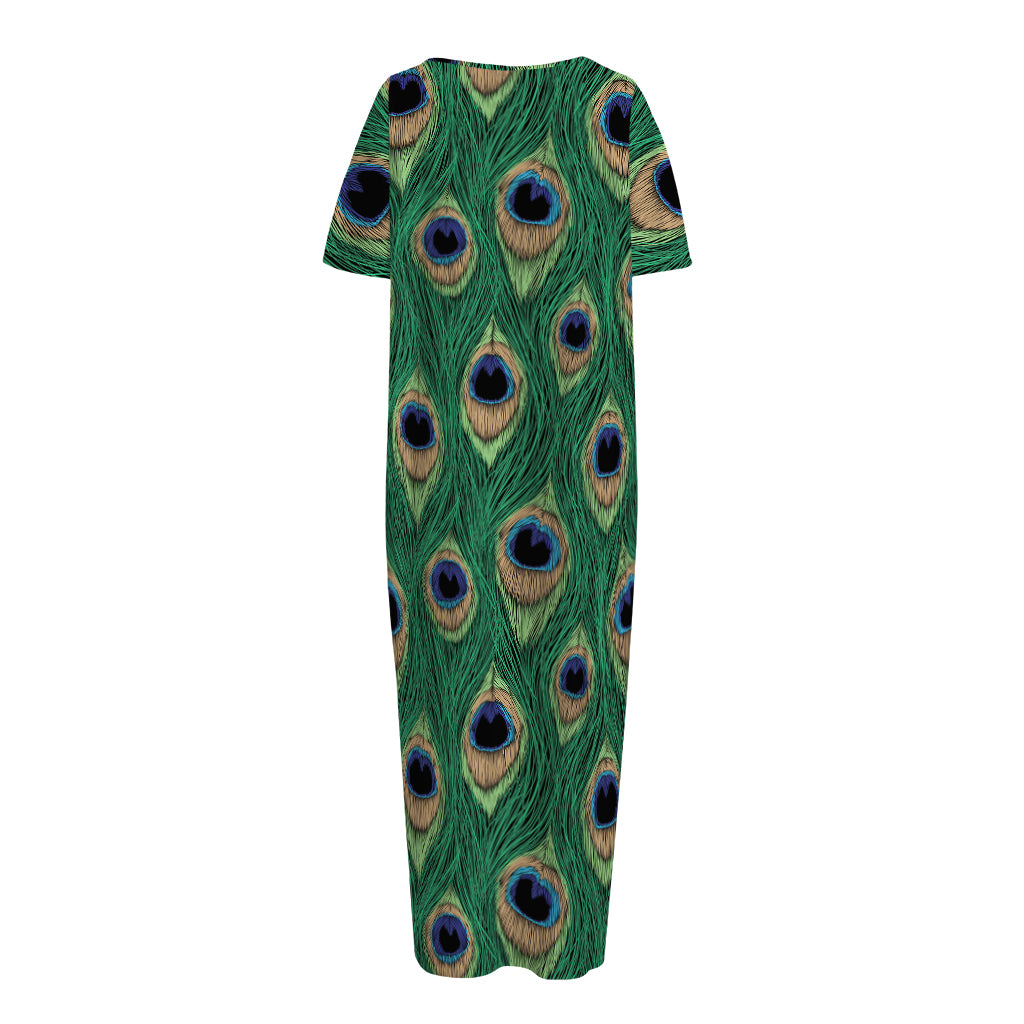Peacock Tail Pattern Print Short Sleeve Long Nightdress