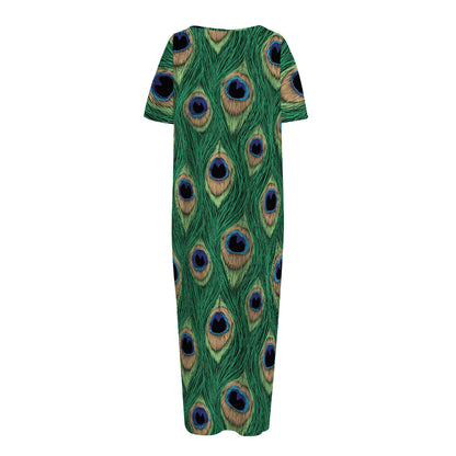 Peacock Tail Pattern Print Short Sleeve Long Nightdress