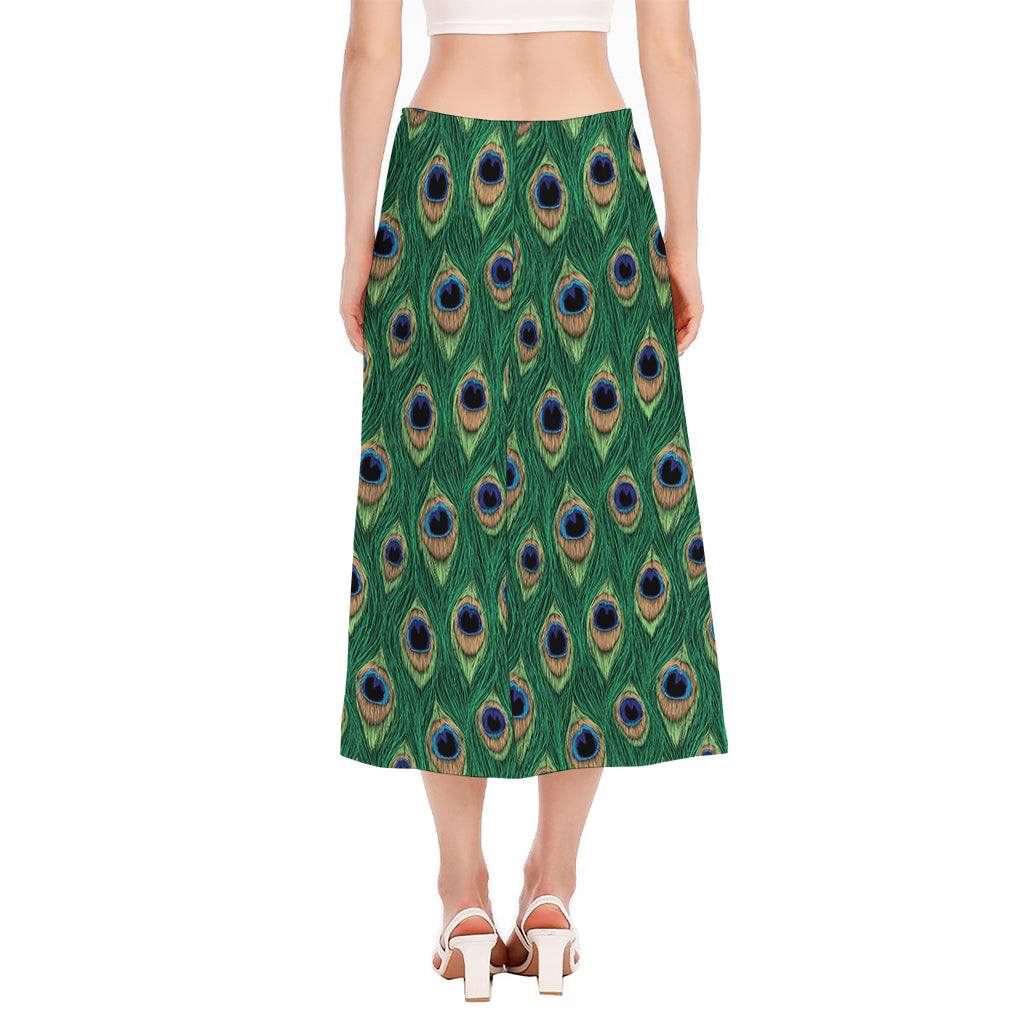 Peacock Tail Pattern Print Side Slit Midi Skirt