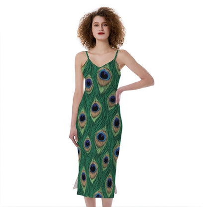 Peacock Tail Pattern Print Slim Fit Midi Cami Dress