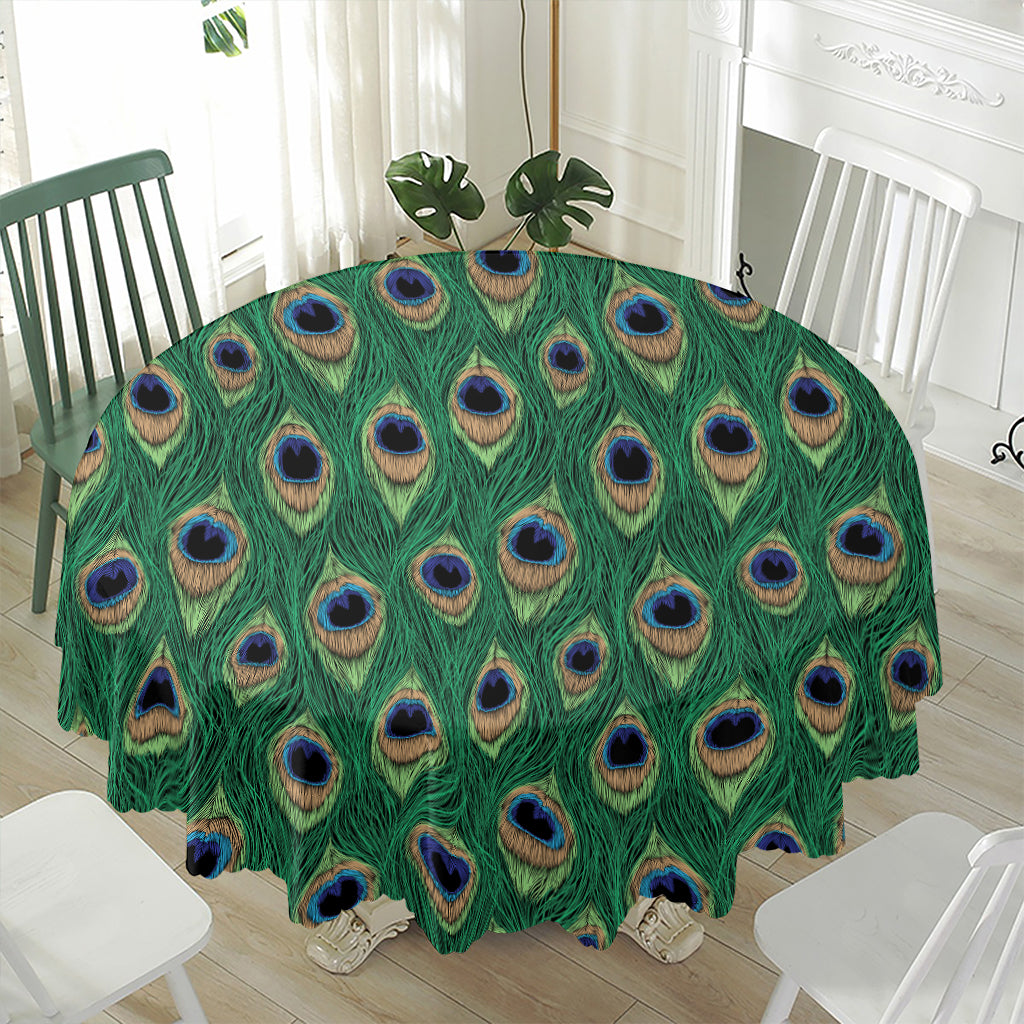 Peacock Tail Pattern Print Waterproof Round Tablecloth