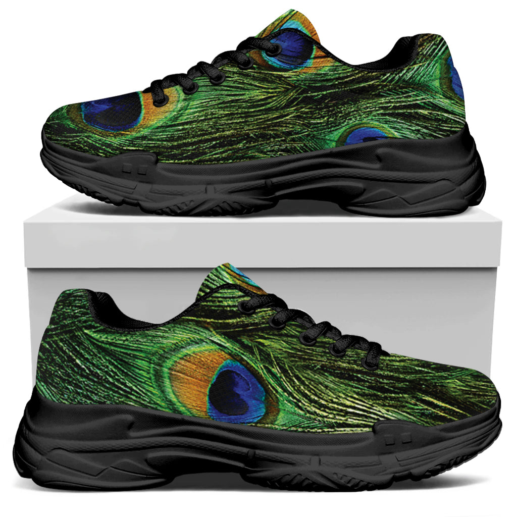 Peacock Tail Print Black Chunky Shoes