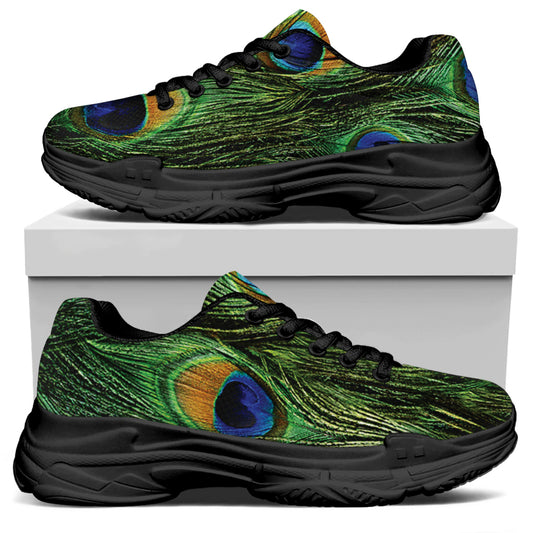 Peacock Tail Print Black Chunky Shoes