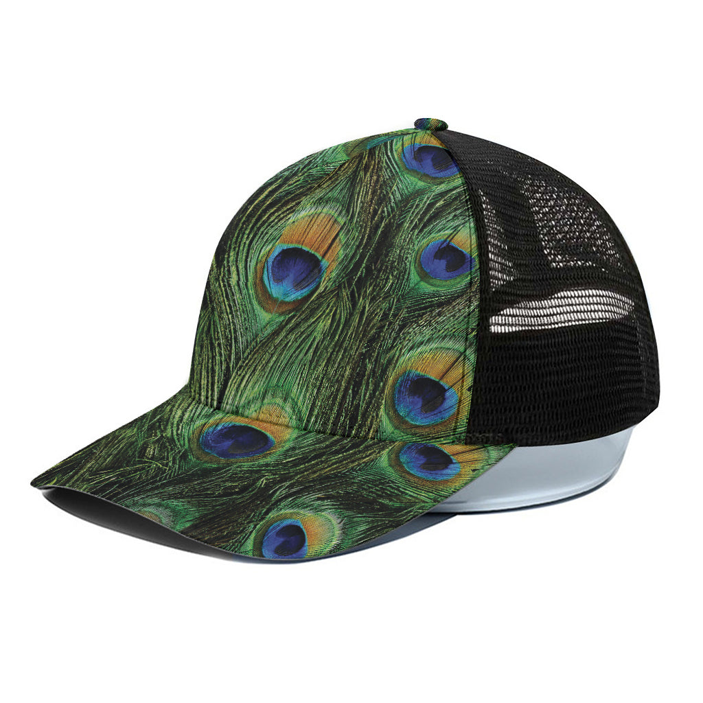 Peacock Tail Print Black Mesh Trucker Cap