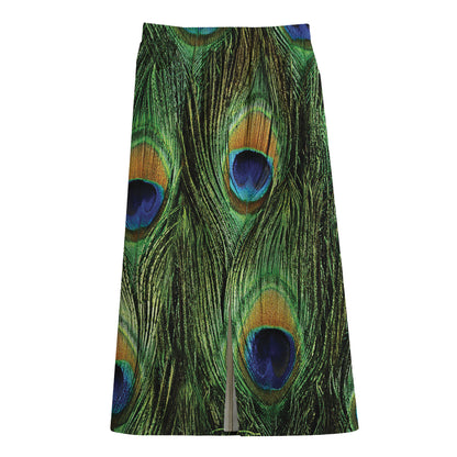 Peacock Tail Print Cotton Front Slit Maxi Skirt