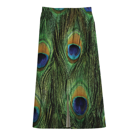 Peacock Tail Print Cotton Front Slit Maxi Skirt