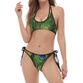 Peacock Tail Print Halter Scoop Tie Side Bikini