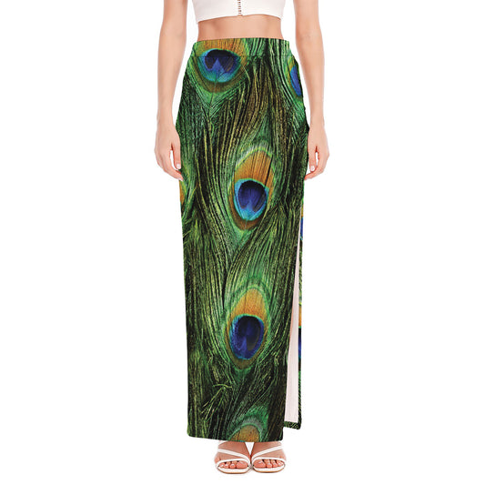 Peacock Tail Print High Slit Maxi Skirt