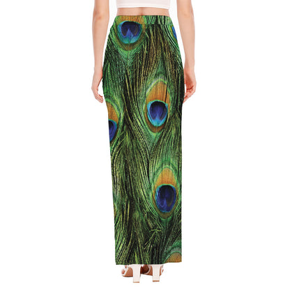 Peacock Tail Print High Slit Maxi Skirt