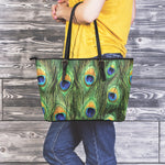 Peacock Tail Print Leather Tote Bag