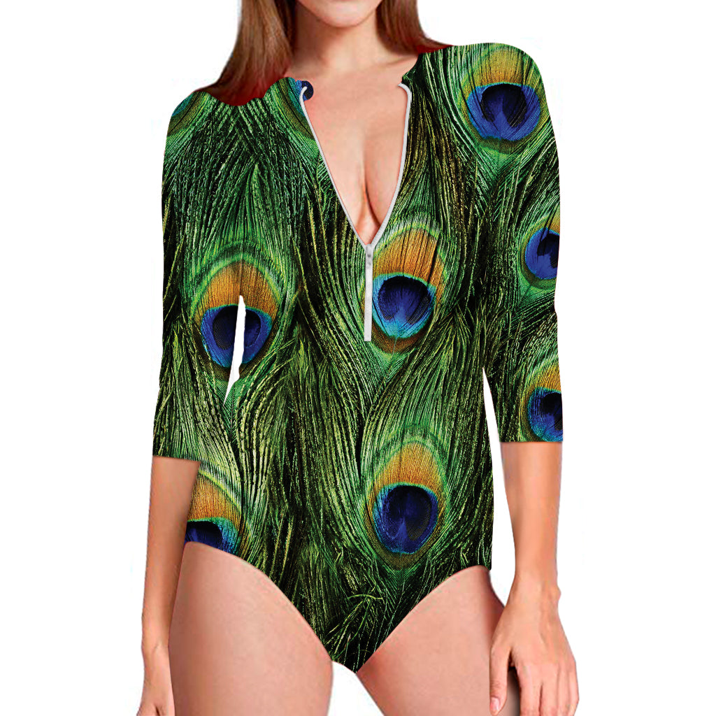 Peacock Tail Print Long Sleeve Swimsuit