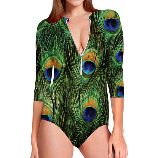 Peacock Tail Print Long Sleeve Swimsuit