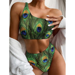 Peacock Tail Print One Shoulder Bikini Top
