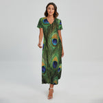 Peacock Tail Print Short Sleeve Maxi Dress