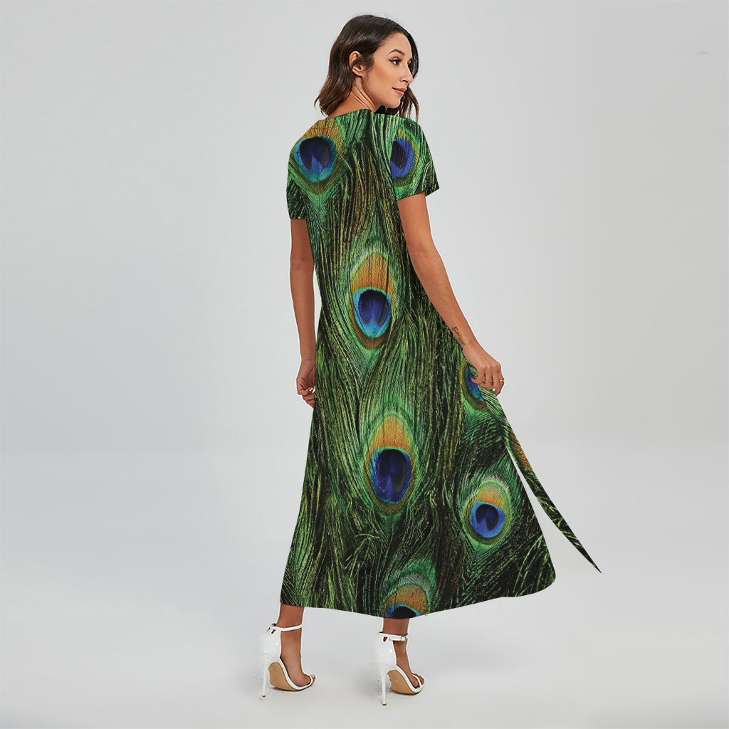 Peacock Tail Print Short Sleeve Maxi Dress – GearFrost