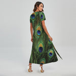 Peacock Tail Print Short Sleeve Maxi Dress