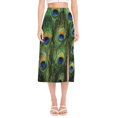 Peacock Tail Print Side Slit Midi Skirt