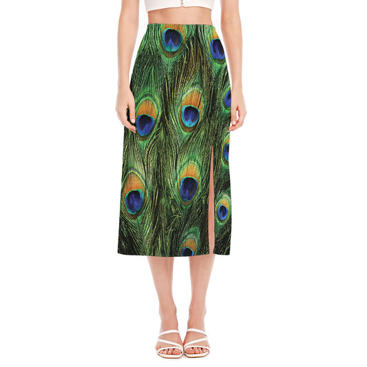 Peacock Tail Print Side Slit Midi Skirt