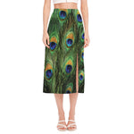 Peacock Tail Print Side Slit Midi Skirt