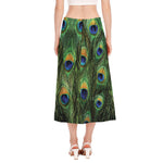 Peacock Tail Print Side Slit Midi Skirt