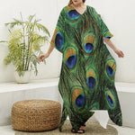 Peacock Tail Print Silk V-Neck Kaftan Dress