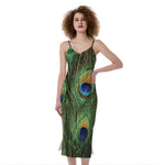 Peacock Tail Print Slim Fit Midi Cami Dress