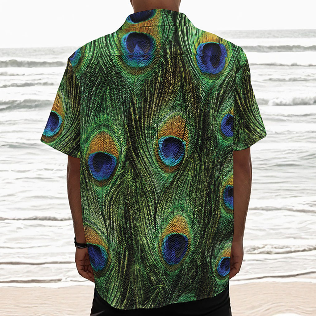 Peacock Tail Print Textured Short Sleeve Shirt