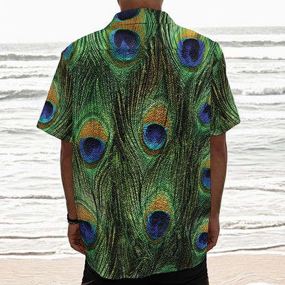 Peacock Tail Print Textured Short Sleeve Shirt