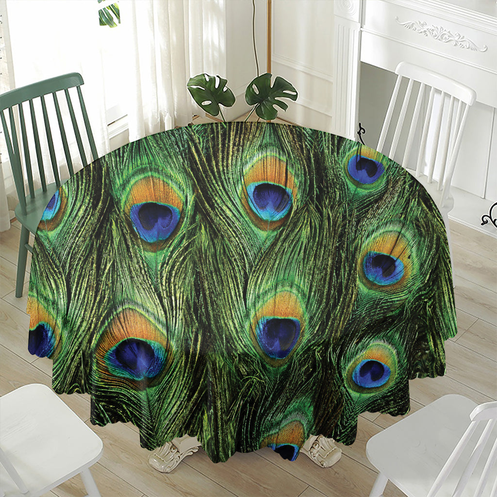 Peacock Tail Print Waterproof Round Tablecloth