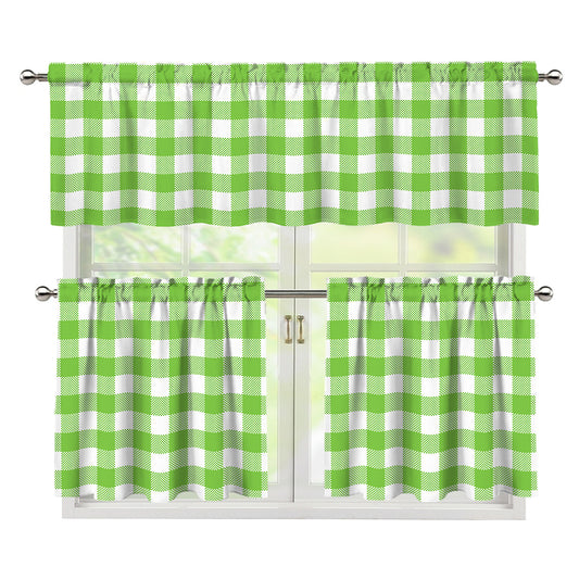 Pear Green And White Gingham Print 3 Piece Kitchen Curtains