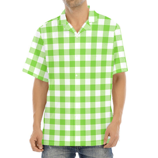 Pear Green And White Gingham Print Aloha Shirt