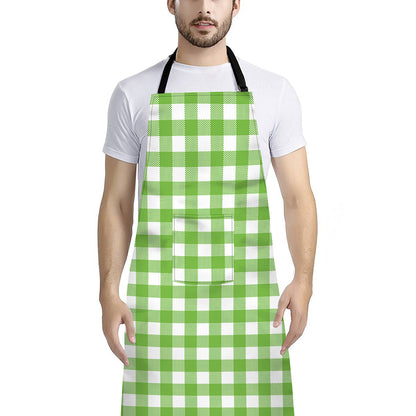 Pear Green And White Gingham Print Bib Apron With Pocket
