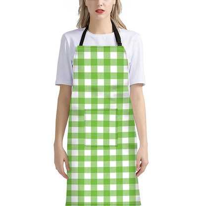 Pear Green And White Gingham Print Bib Apron With Pocket