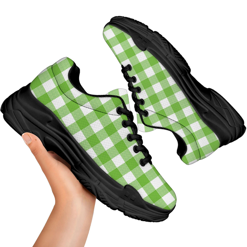 Pear Green And White Gingham Print Black Chunky Shoes