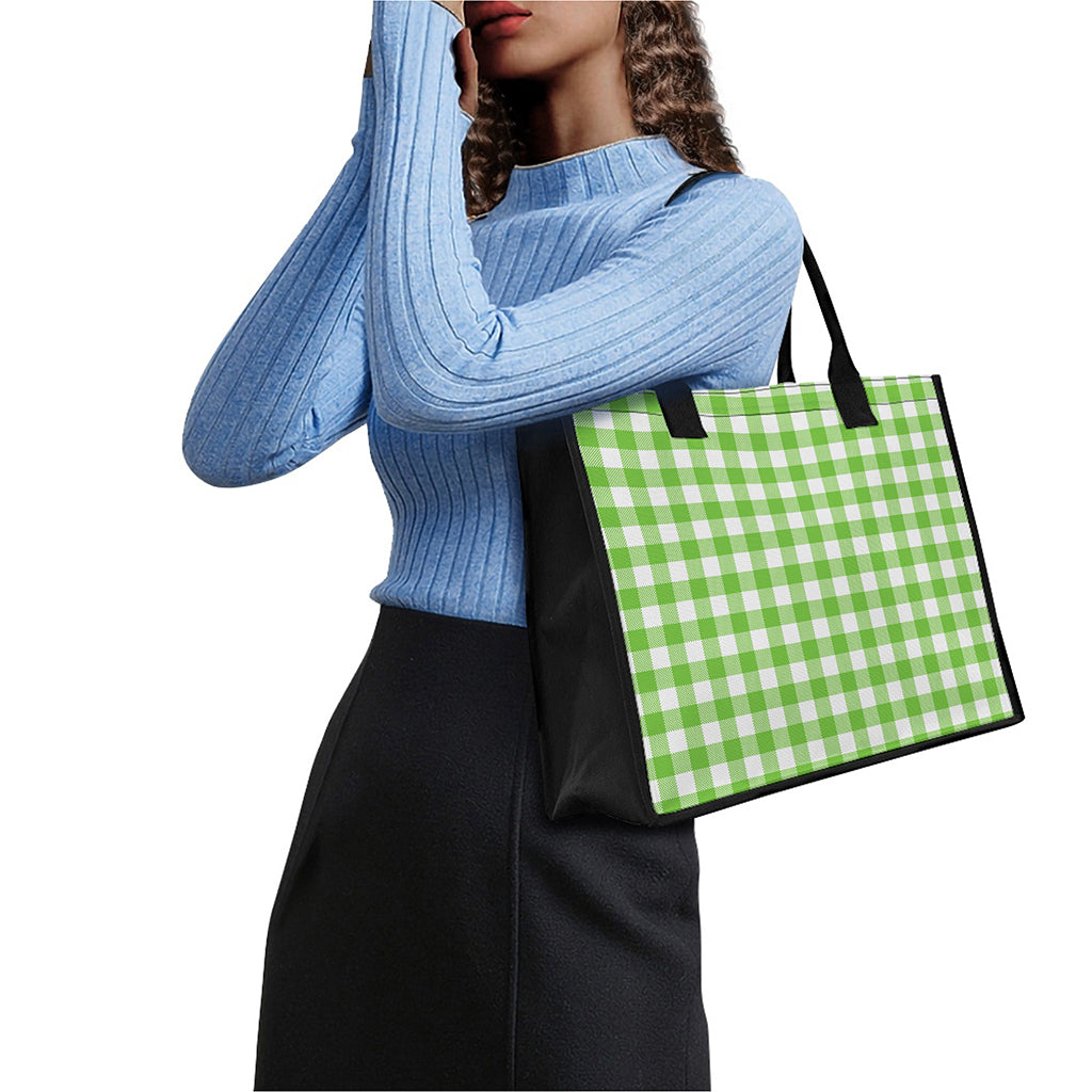 Pear Green And White Gingham Print Canvas Tote Bag