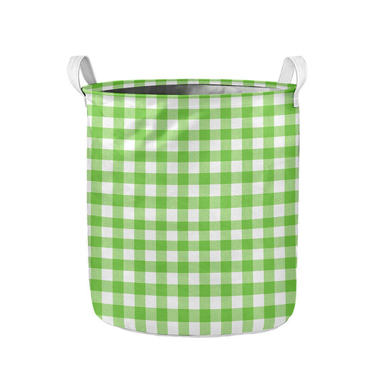 Pear Green And White Gingham Print Collapsible Laundry Basket