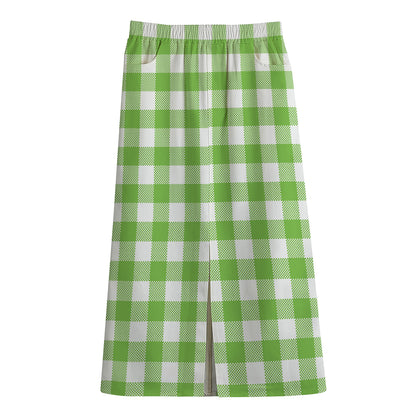 Pear Green And White Gingham Print Cotton Front Slit Maxi Skirt