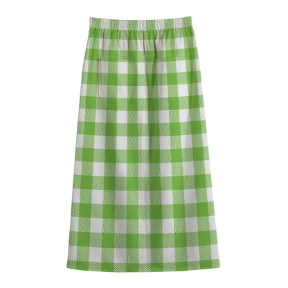 Pear Green And White Gingham Print Cotton Front Slit Maxi Skirt