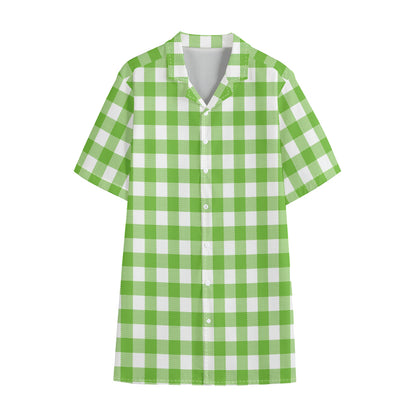 Pear Green And White Gingham Print Cotton Hawaiian Shirt