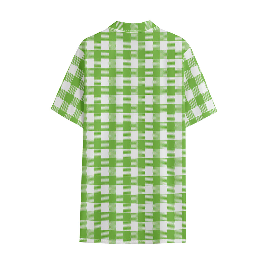 Pear Green And White Gingham Print Cotton Hawaiian Shirt