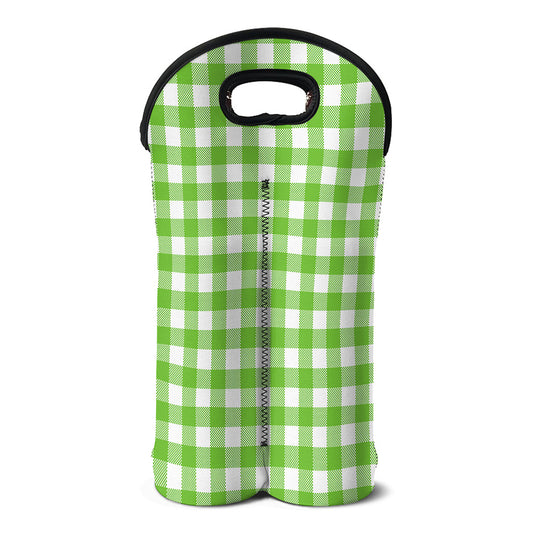 Pear Green And White Gingham Print Double Neoprene Wine Tote