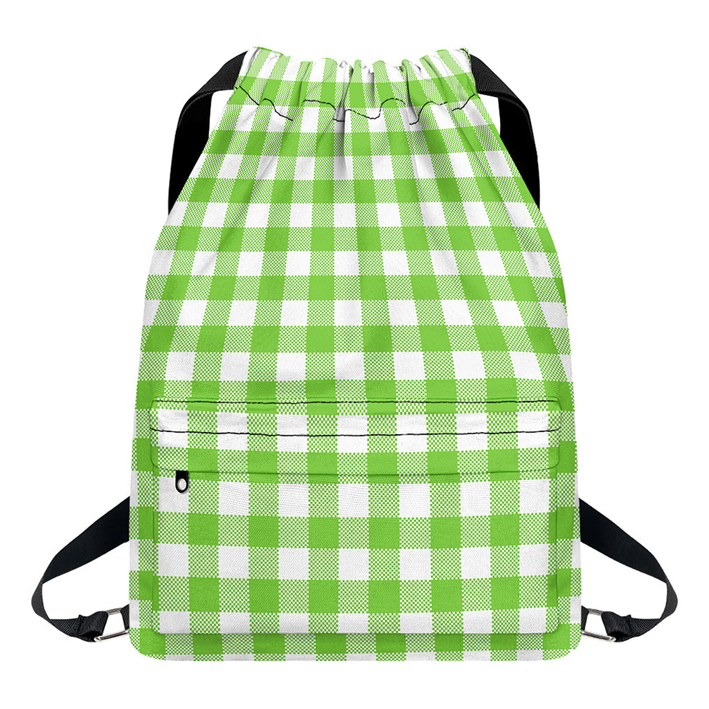 Pear Green And White Gingham Print Drawstring Backpack