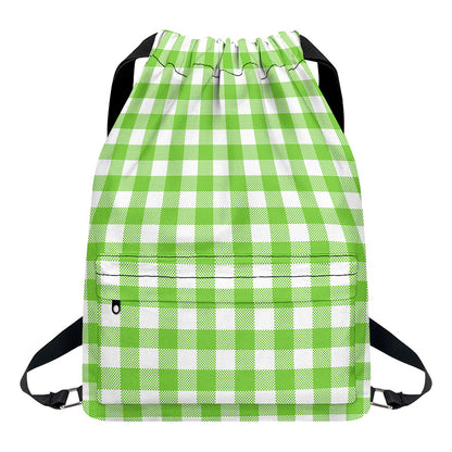 Pear Green And White Gingham Print Drawstring Backpack