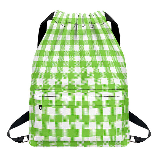 Pear Green And White Gingham Print Drawstring Backpack