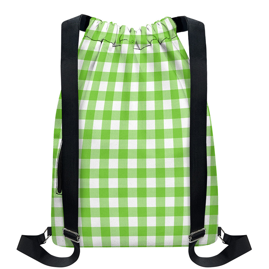 Pear Green And White Gingham Print Drawstring Backpack