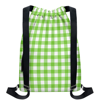 Pear Green And White Gingham Print Drawstring Backpack
