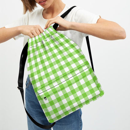 Pear Green And White Gingham Print Drawstring Backpack