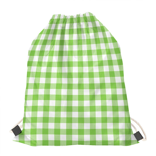 Pear Green And White Gingham Print Drawstring Bag